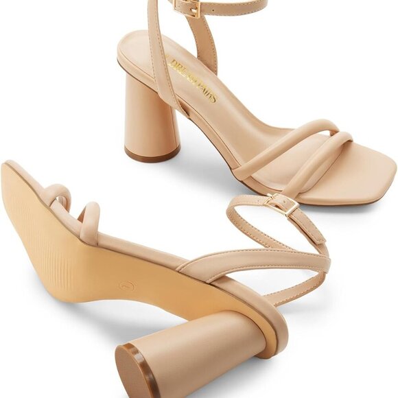 Women's Faux Leather Nude-PU Open Square Toe Ankle Strap Party Sandals - Picture 4 of 7